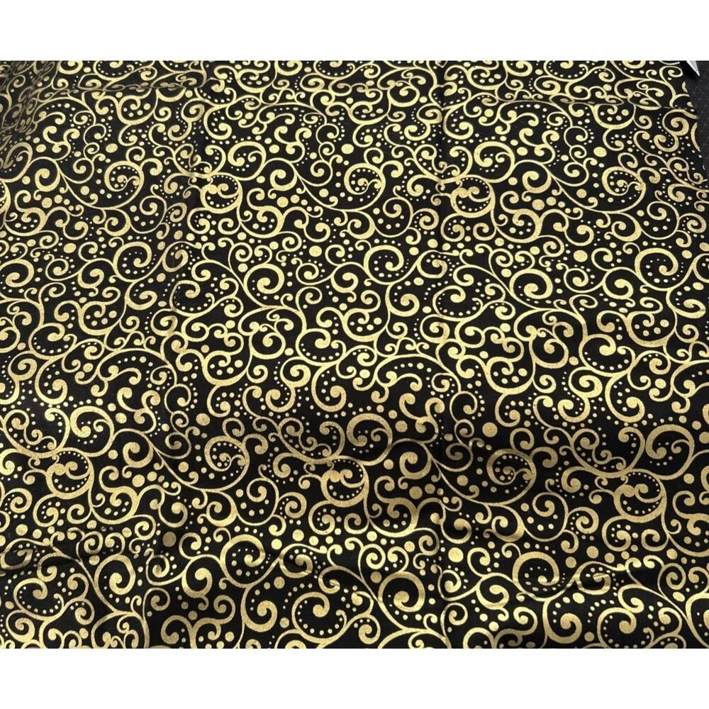 Lux  Timeless Treasures Black Gold Metallic Scroll Cotton Quilting Fabric 46X42